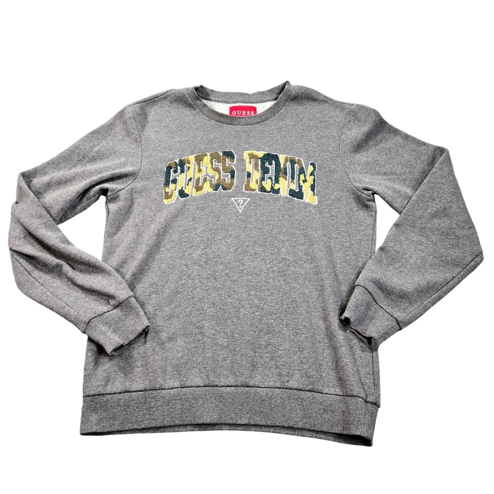 Guess Sweatshirt Mens Small Gray Fleece Crewneck Pullover Camo Logo Guess Denim